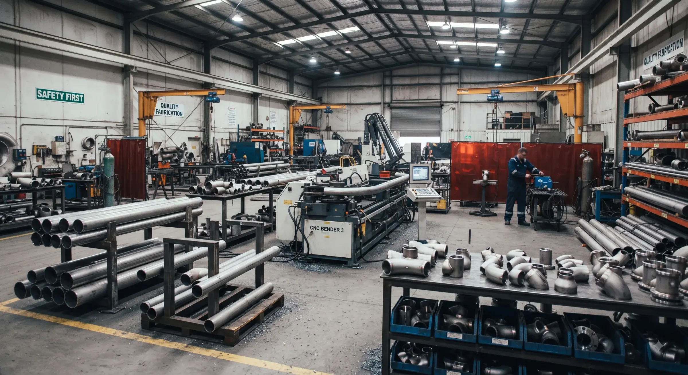 Stainless steel pipe fabrication workshop with fittings and a CNC pipe-bending machine
