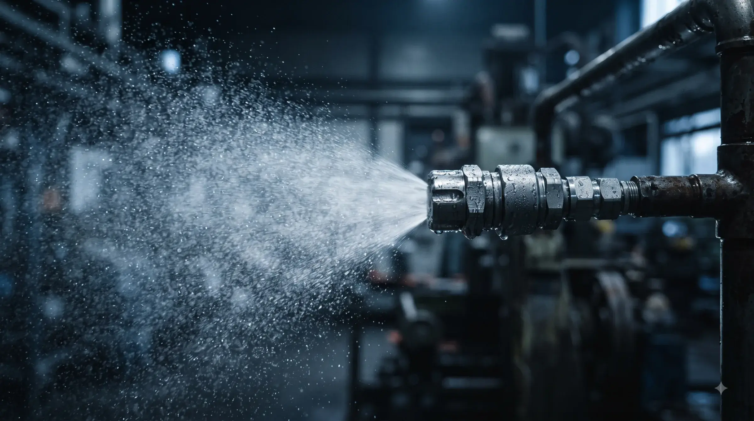 High-pressure nozzle discharging a fine water mist spray
